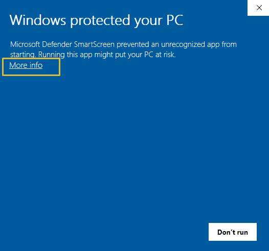 SmartScreen dialog showing More info link