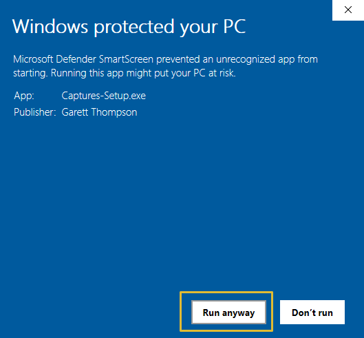 SmartScreen dialog showing Run anyway button